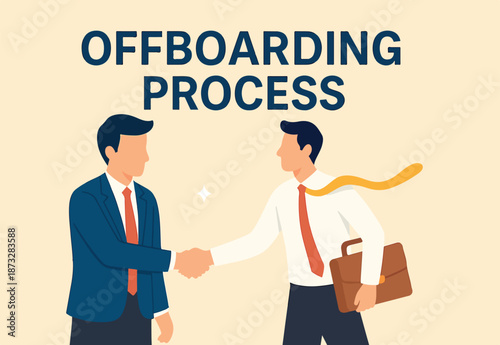 Offboarding process for employee leaving company, farewell or departure, quit job, decision for new opportunity, terminate work contract process, businessman manager check hands with leaving employee.
