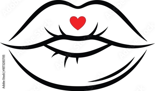 Simple line art drawing of stylized lips featuring a small bright red heart positioned centrally above the mouth