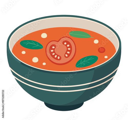 A bowl of vibrant red tomato soup with basil leaves and a tomato slice