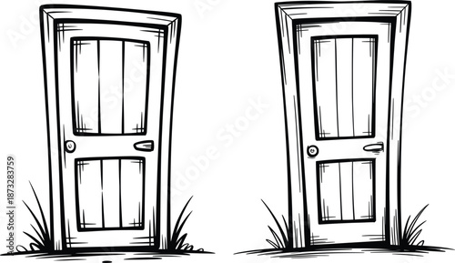 Old Wooden Door Line Art Illustrations.