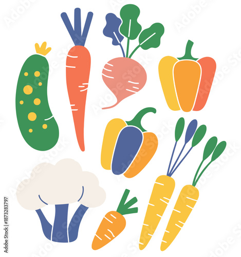A collection of colorful flat vegetables including carrots bell peppers broccoli cauliflower beet and cucumber