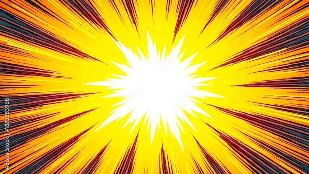 Obraz premium Abstract sunburst background featuring bright yellow and orange rays in a vector illustration design that captures the glowing energy of a hot summer sunrise with a vibrant star explosion shine