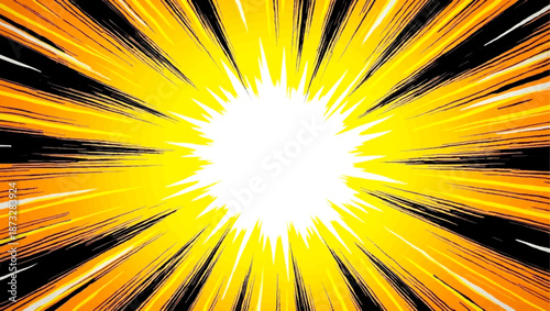 Abstract sun burst vector illustration with bright yellow and orange rays creates a sunny summer sunrise design featuring a glowing star explosion and hot sunshine beams against a sky background