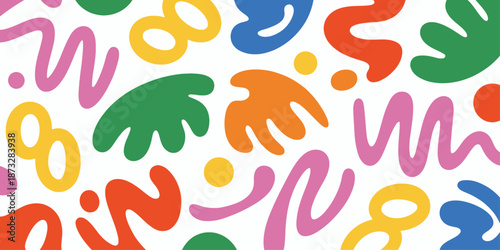 Abstract organic shapes in vibrant primary and secondary colors white background pattern