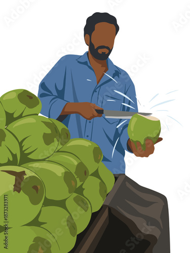 Coconut Vendor in Blue Shirt Cutting a Fresh Green Coconut