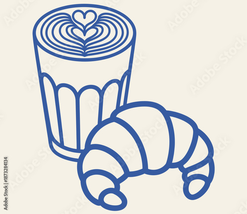 Blue outline of latte coffee and croissant cream background heart pastry