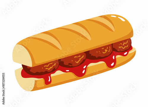 Cartoon meatball sub sandwich with red sauce and golden bun food bread