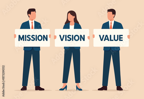 Mission, vision and value, company statement to drive success, strategy plan or leadership principle for employee to reach target concept, business people holding mission, vision and value elements