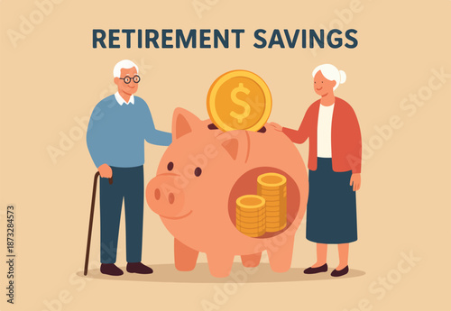 Retirement savings plan, pension fund or investment for elderly, 401k or financial asset for retiree, profit, earning and growth concept, elderly retiree couple stand with wealthy old aged piggy bank