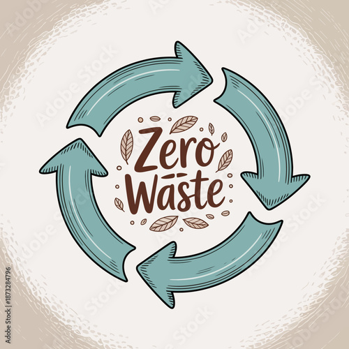 An artistic representation of the zero waste concept featuring recycle arrows and organic motifs, emphasizing sustainability, eco-friendliness, and the importance of reducing waste in daily life.