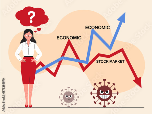 A visual representation of economic uncertainty using a graph overlaying a virus image, symbolizing the complex relationship between health crises and economic impact.