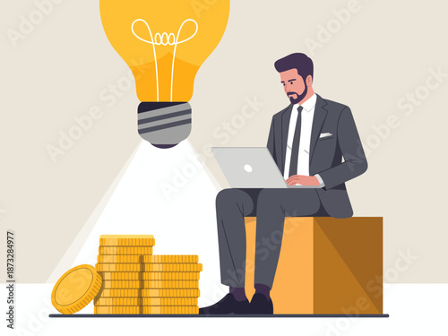 A businessman sitting thoughtfully next to a light bulb and coins, representing innovation, entrepreneurship, and financial success in a modern artistic style.