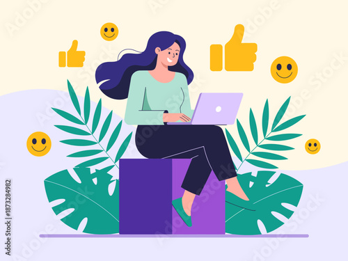 An animated illustration of a joyful woman using a laptop, surrounded by social media symbols, embodying happiness, connection, and positivity in the digital age.