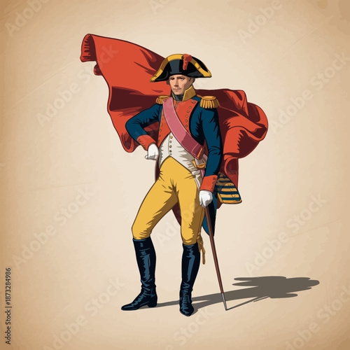 A vivid illustration of a Napoleonic military figure standing confidently in a stylish uniform, embodying the power and charisma of historical leadership for artistic projects.