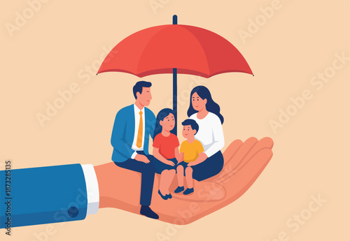 Life insurance, family protection to assure members will be financially supported and risk cover concept, lovely family with husband, wife and kids in supporting hand with umbrella cover protection.