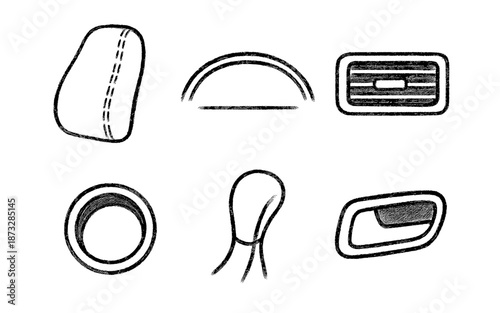 Set of hand-drawn icons representing car interior elements and design features