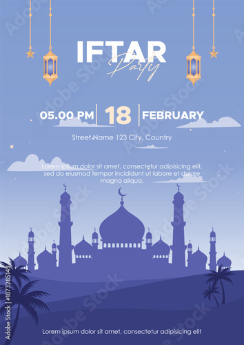 Iftar Party Invitation with Mosque Silhouette and Lanterns