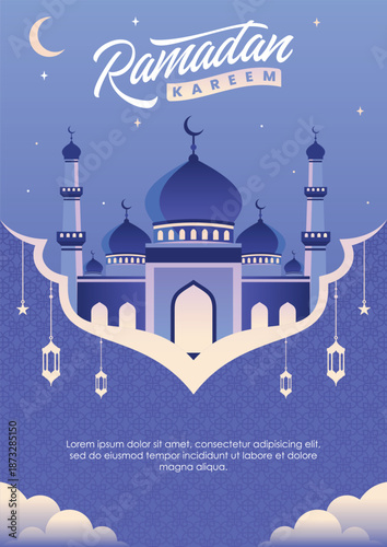 Flat Design Ramadan Kareem Greeting with Mosque and Lanterns