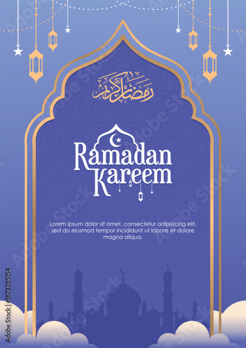 Ramadan Kareem Greeting Poster with Mosque and Lanterns