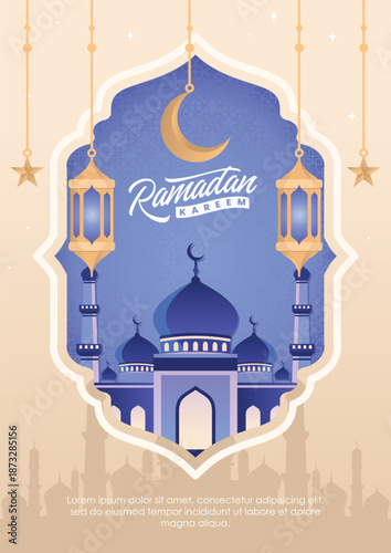Ramadan Kareem Greeting Card with Mosque, Crescent Moon, and Lanterns