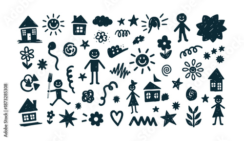 Hand Drawn Child Style Doodles with House Sun and People Icons