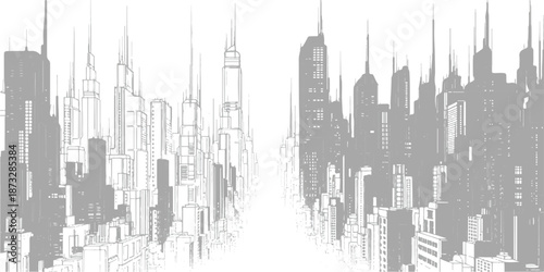 A stylized graphic illustration of a modern metropolis featuring tall skyscrapers receding into a white background