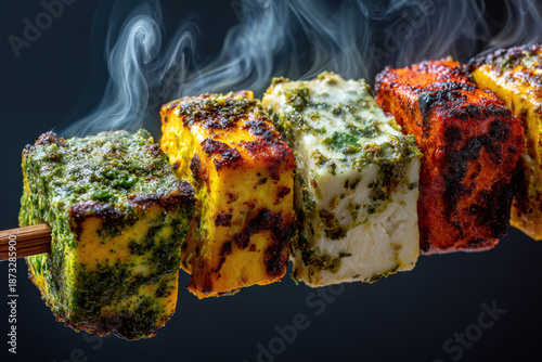 Macro Shot of Tricolor Paneer Tikka Skewer
