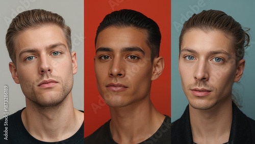Three Men With Different Hairstyles and Colors Pose Against Simple Backgrounds