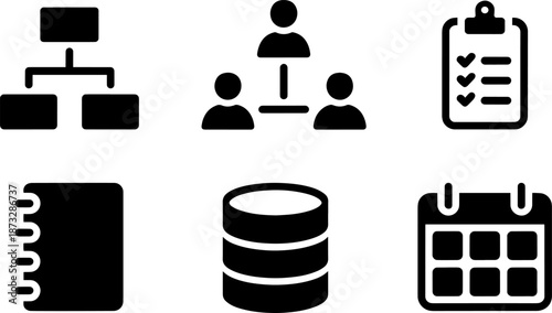 Business management icon set featuring organizational chart database calendar checklist and planning symbols