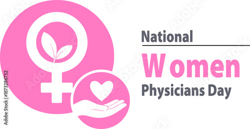 National women physicians day card with female gender symbol and hand holding heart icon for medical doctor appreciation