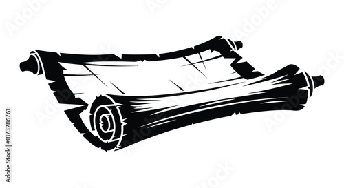 A detailed depiction of an old rolled parchment scroll in black and white silhouette