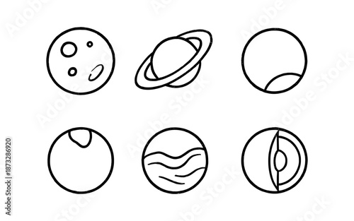 Collection of simple hand-drawn icons representing planets and celestial bodies