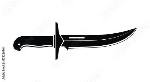 A striking black blade design showcasing a curved knife with detailed hilt and handle silhouette
