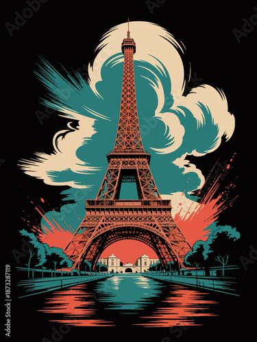 A stunning depiction of the Eiffel Tower set against a dramatic sky. This vintage-inspired artwork captures the allure of Paris, blending architectural beauty with dynamic colors.