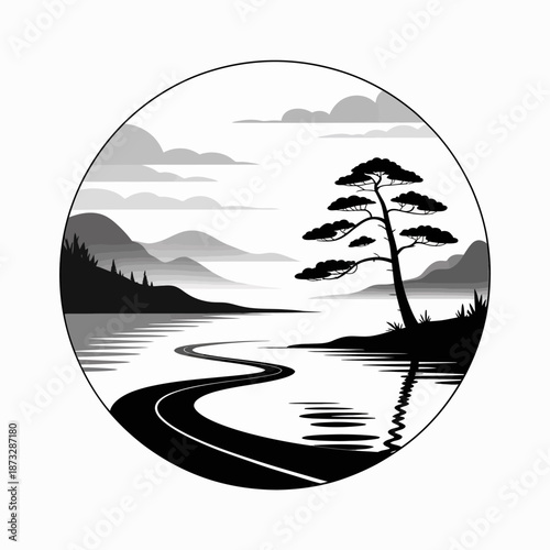 This monochromatic landscape illustration showcases a calm lake with gentle ripples and mountains in the background, evoking peacefulness and the beauty of nature.