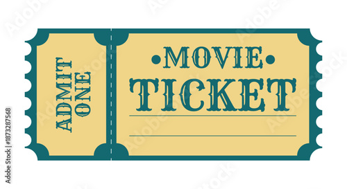 Retro vintage movie ticket template inspired by classic cinema admission passes. Elegant teal and beige design with decorative borders and editable layout, ideal for film events, invitations...