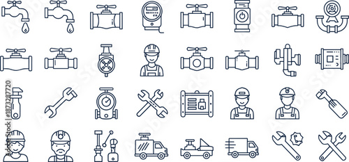 Plumbing service icons set with faucets, valves, tools, workers, schematics, and vehicles