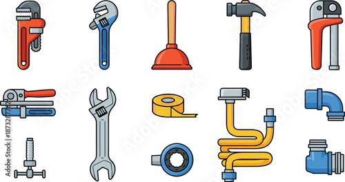 Plumbing tools and pipe fittings set including wrenches, plunger, hammer, tape, and connectors
