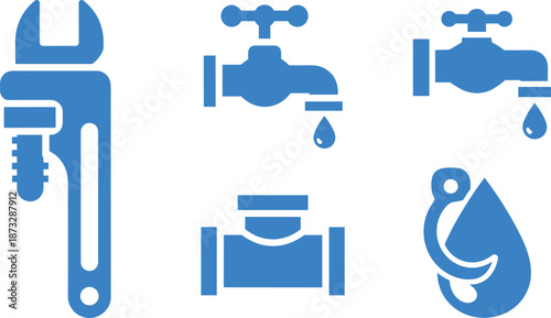 Blue plumbing icons set with wrench, faucets, valve, and water droplet symbols