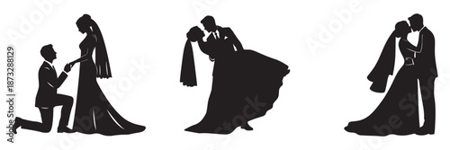 Romantic wedding couple silhouette showing proposal moment dip kiss and embrace in elegant black illustration