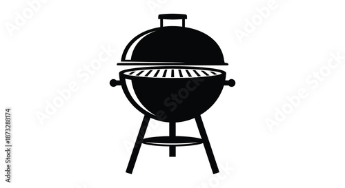 A black and white illustration of a classic outdoor charcoal grill a prominent silhouette