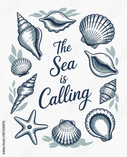 This captivating artwork features a stunning arrangement of detailed seashells inspired by the ocean, symbolizing tranquility and the call of the sea for beach lovers.