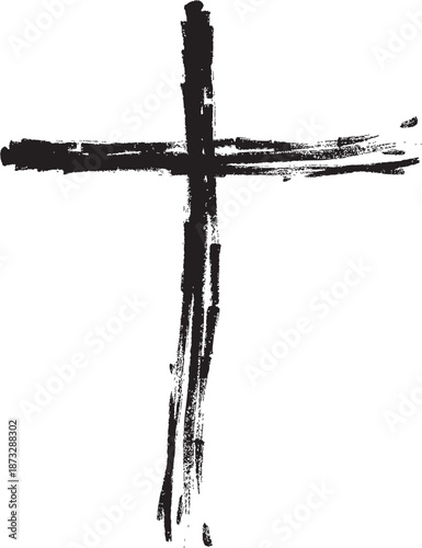 Powerful black grunge cross illustration symbolizing Christian faith, sacrifice, and spiritual hope, rendered with rough, expressive brush strokes.