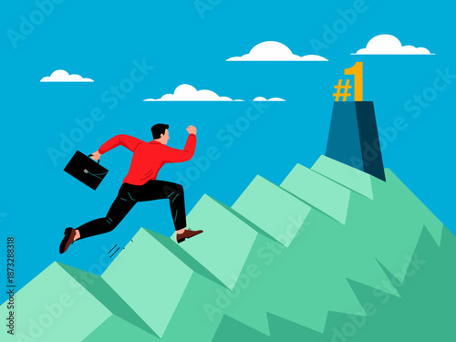 A determined businessman running up a mountain slope towards a peak labeled '#1', symbolizing ambition and the pursuit of success in a corporate world.