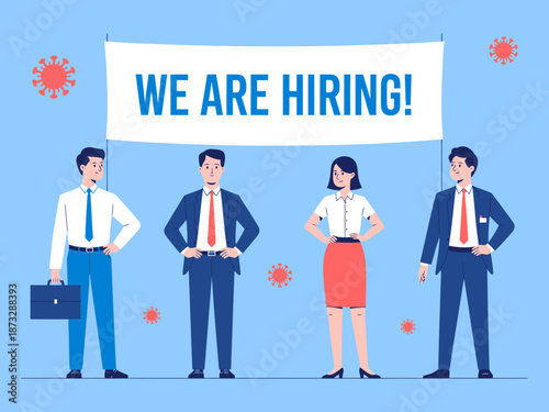 This informative illustration presents a hiring announcement with a diverse group of professionals, emphasizing unity and opportunity in the workforce during challenging times.