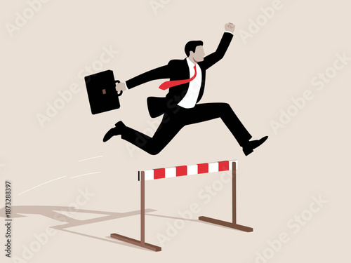 This dynamic illustration portrays a businessman leaping over barriers, epitomizing determination, agility, and the spirit to conquer obstacles in pursuit of his career goals.