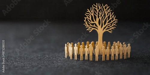 A golden tree stands at the center surrounded by cut-out figures, symbolizing community, growth, and connection.