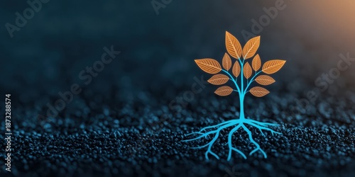A stylized tree with vibrant orange leaves and blue roots, set against a dark textured background, symbolizing growth and sustainability.