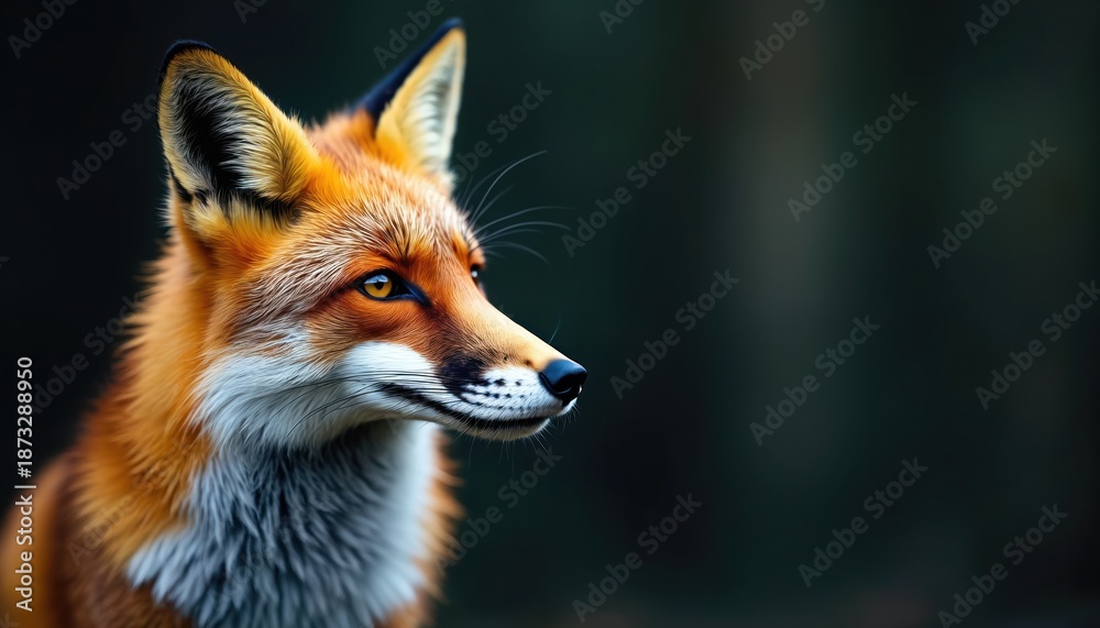 Fototapeta premium Portrait of red fox on blurred dark forest background. Wild animal has white and orange fur. Wildlife photography shows predator looking to the side in nature.
