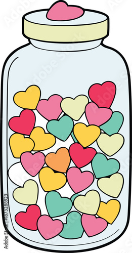 Glass jar filled with colorful heart shaped candies illustration for sweet shop marketing and valentine day gift concepts isolated on transparent background decorative sugary treat vector graphic